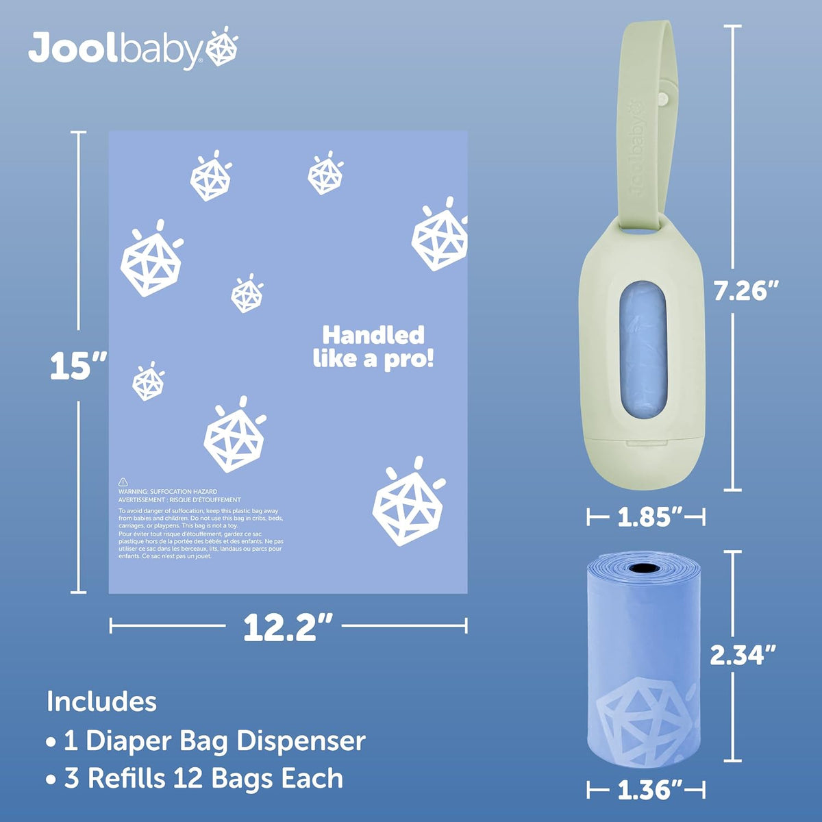 Jool Baby Nappy Bag Dispenser (Sage) with 3 Lavender-Scented Refill Rolls - view 3