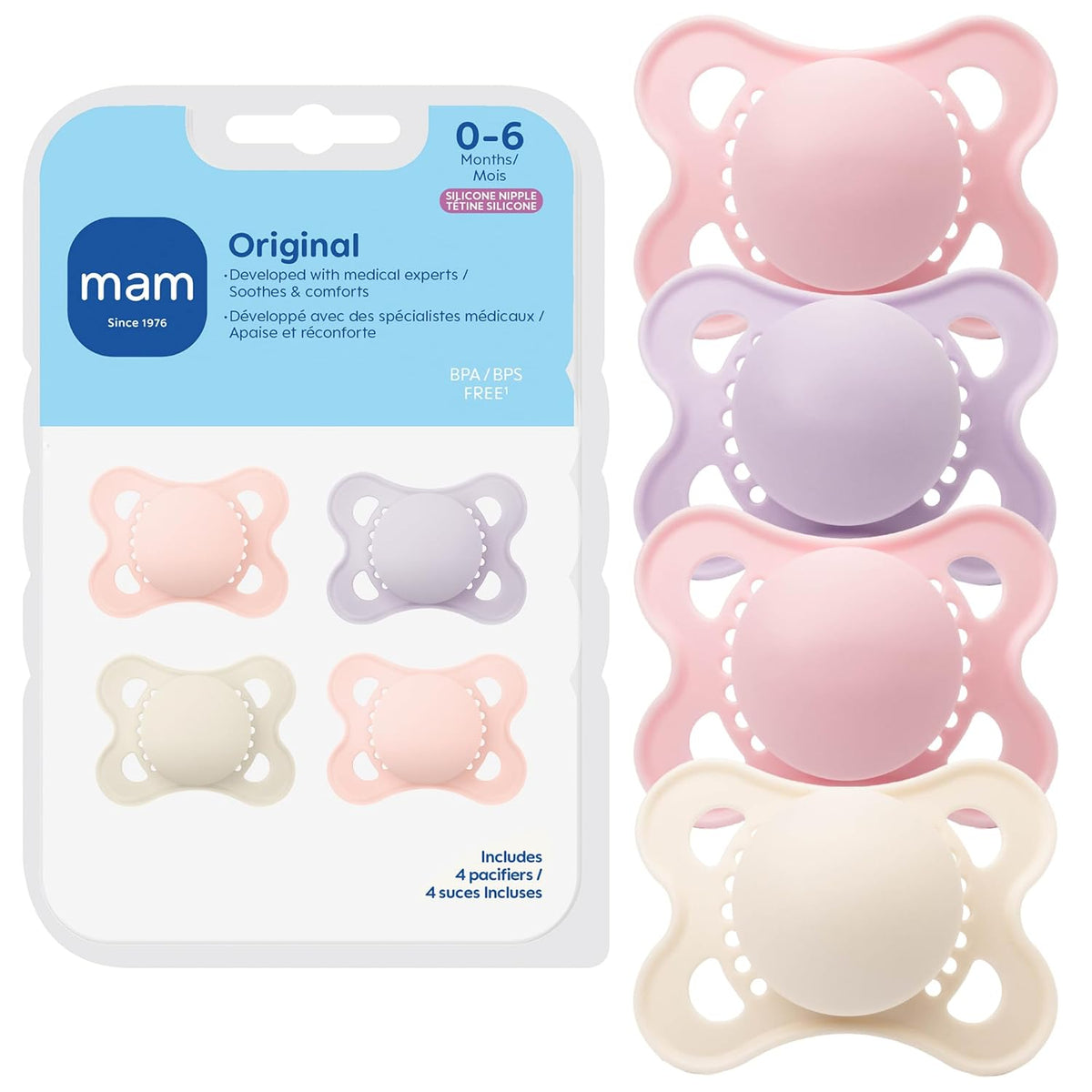 MAM Original Dummies 0-6 Months, Skin Soft Silicone, 4 Pack