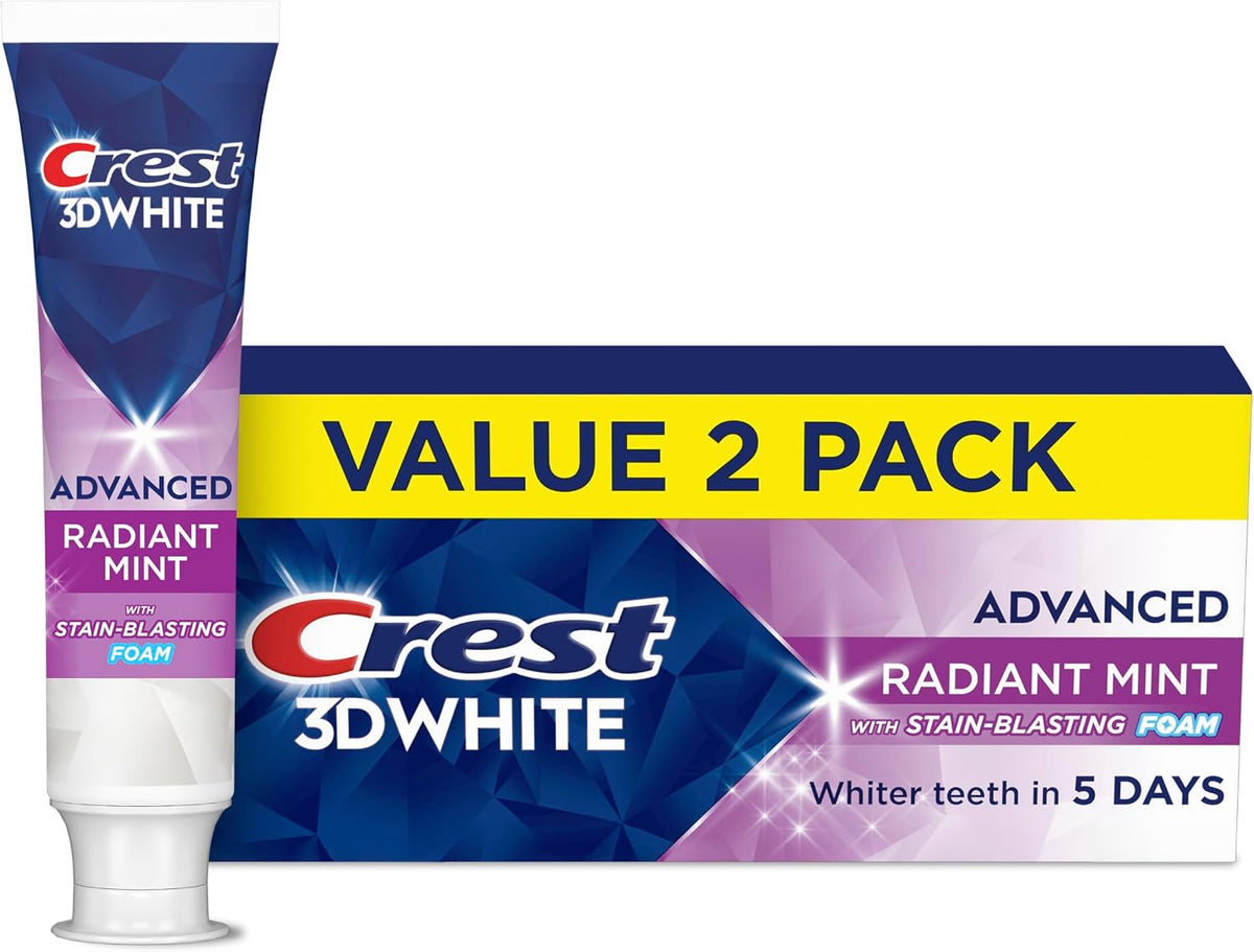 Crest 3D White Advanced Whitening Toothpaste, Radiant Mint, 3.3 oz, Pack of 2