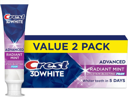 Crest 3D White Advanced Whitening Toothpaste, Radiant Mint, 3.3 oz, Pack of 2