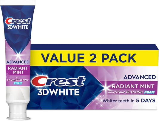 Crest 3D White Advanced Whitening Toothpaste, Radiant Mint, 3.3 oz, Pack of 2