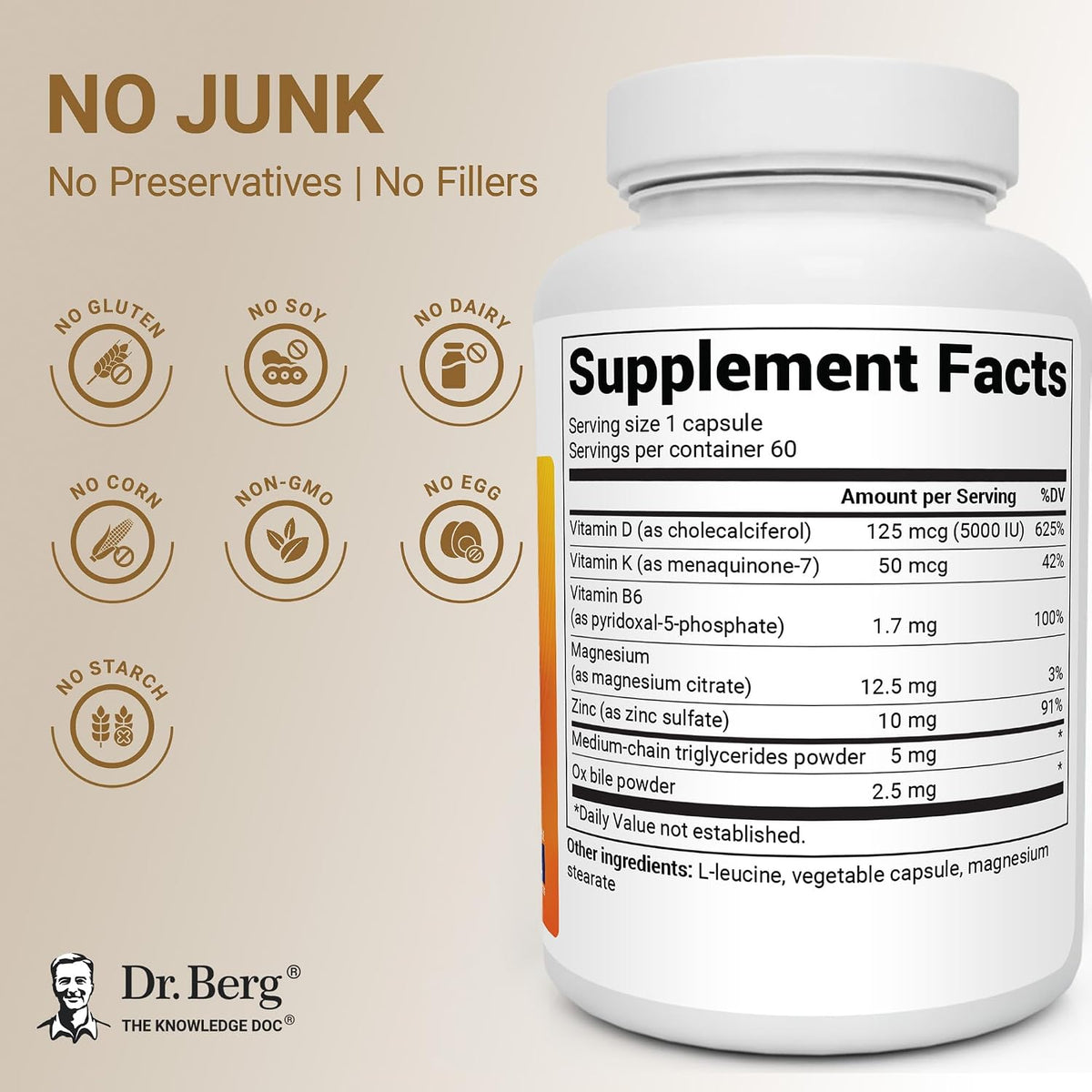 Dr. Berg 7-in-1 Vitamin D3 K2 5000 IU Supplement, 60 Capsules - view 3