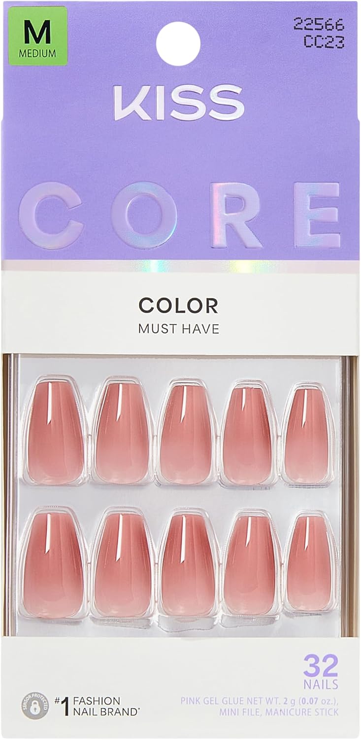 Kiss Core Color Press On Nails Jubilation, Pink, Medium Coffin, 32 Count