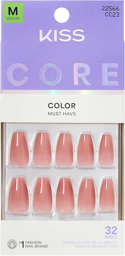 Kiss Core Color Press On Nails Jubilation, Pink, Medium Coffin, 32 Count