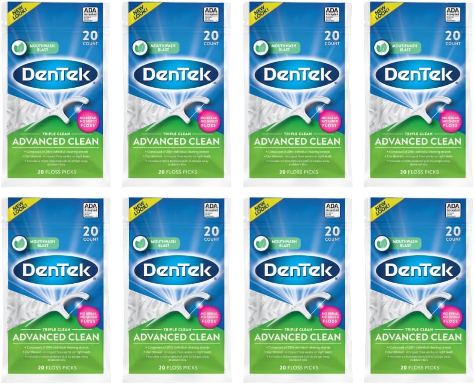 DenTek Triple Clean Advanced Clean Floss Picks, 20 Count, Pack of 8