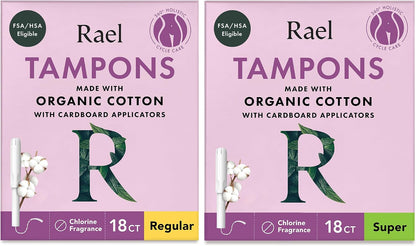 Rael Organic Cotton Cardboard Applicator Tampons, 36 Count