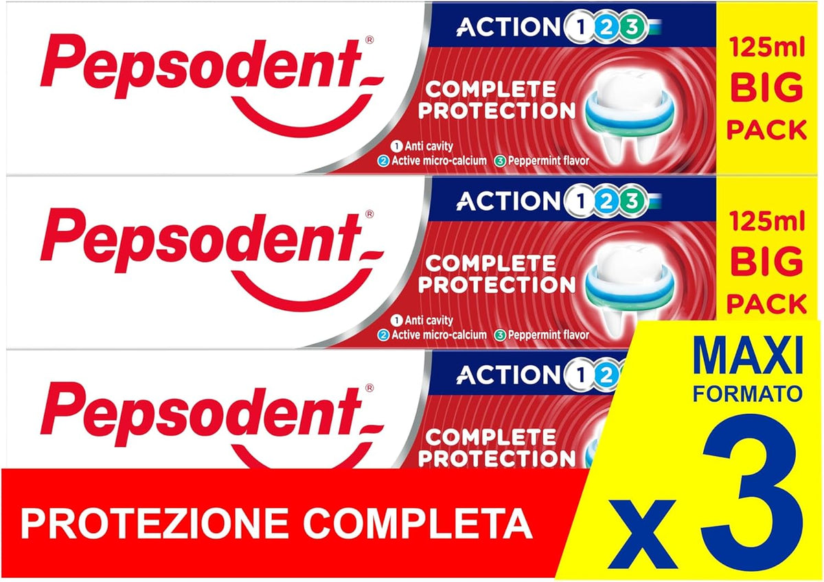 Pepsodent Complete Protection Toothpaste, 125 ml (4.2 fl oz), Pack of 3 — product view