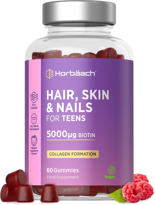 Horbaach Hair Skin Nail Gummies for Teens - Raspberry, 60 Count