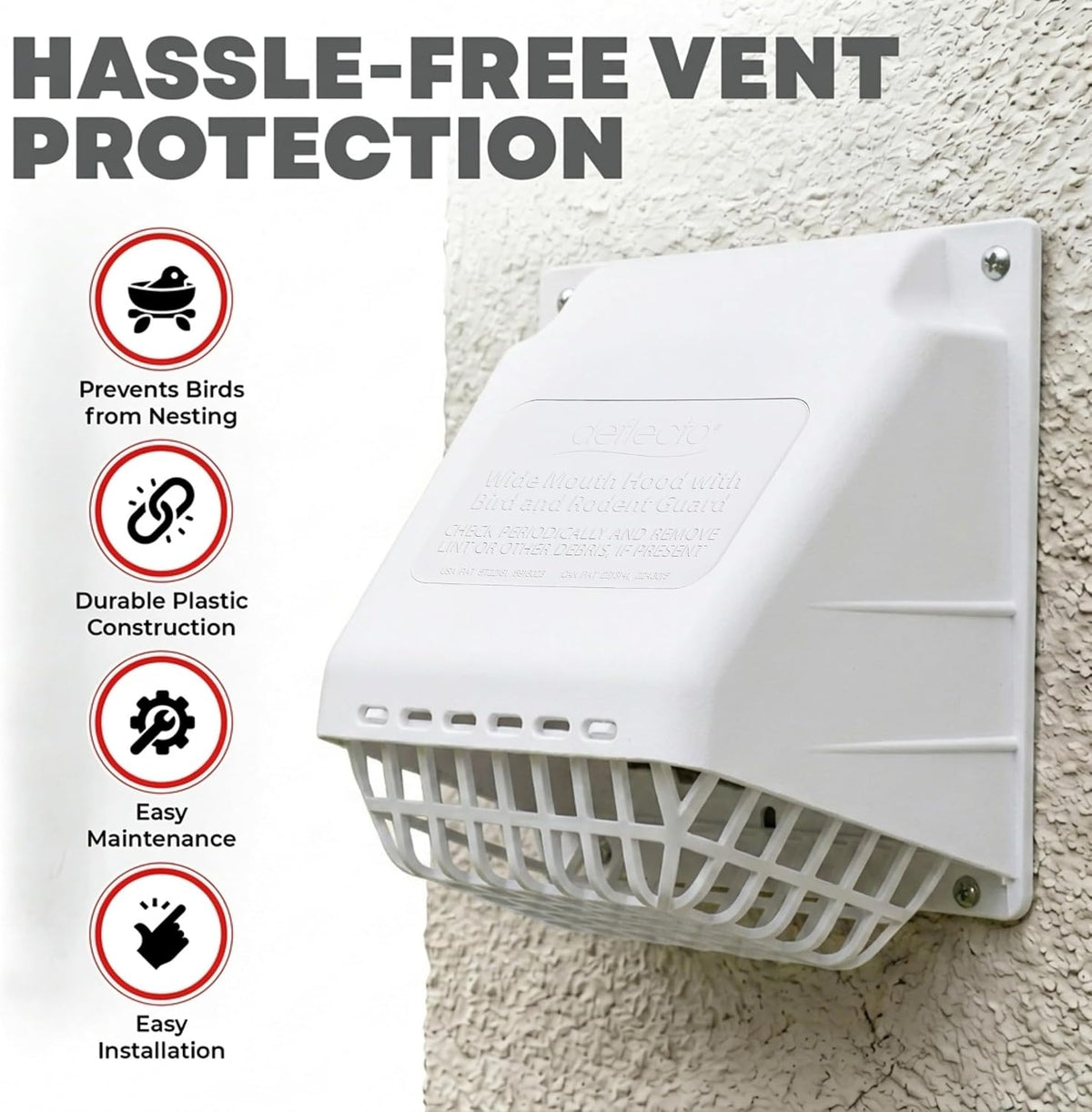 Deflecto 4-Inch Wide Mouth Dryer Vent Hood with Removable Bird Guard, White - view 3