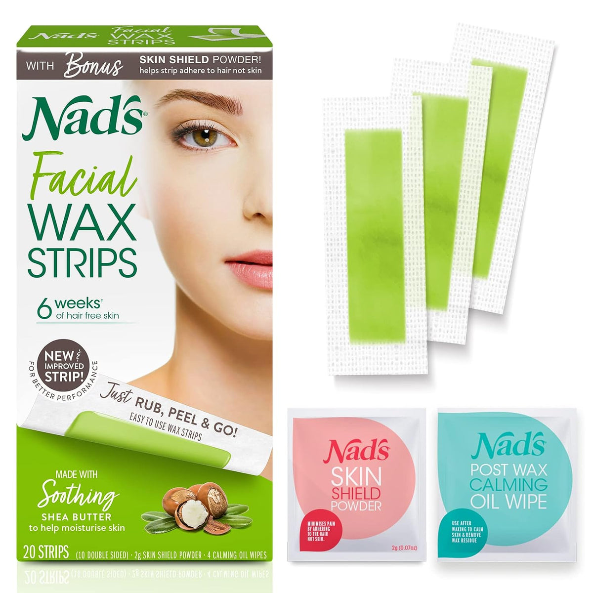 Nad's Facial Wax Strips Kit, 20 Strips, 4 Oil Wipes and Protection Powder — product view
