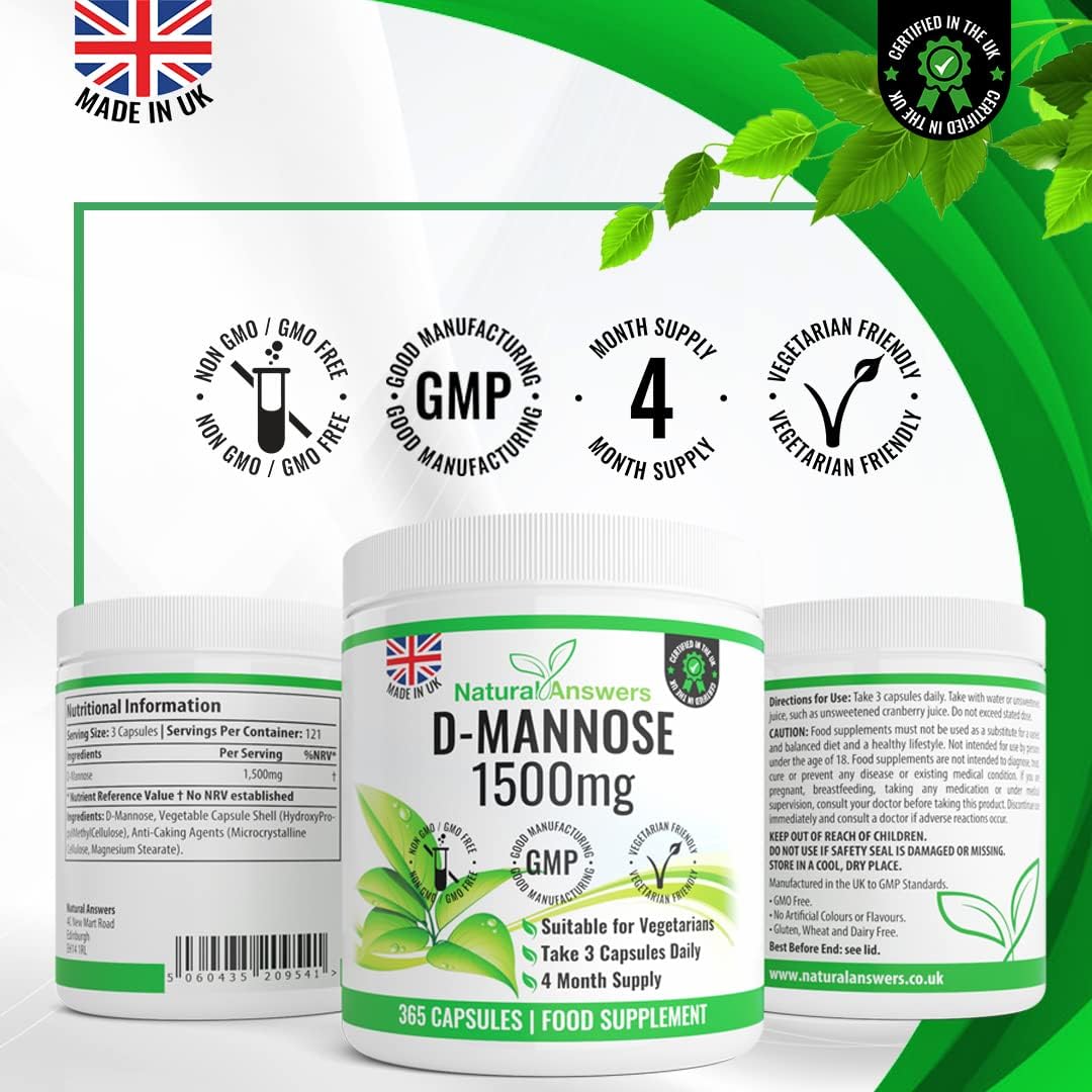 Natural Answers D-Mannose 1500 mg Vegetarian Capsules 365 Count - view 3