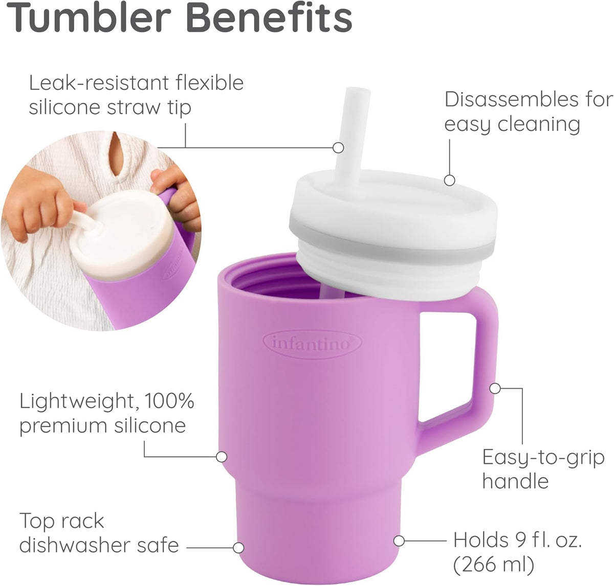 Infantino My 1st Tumbler Silicone Cup with Straw and Handle, 9 fl oz, Lilac - view 6