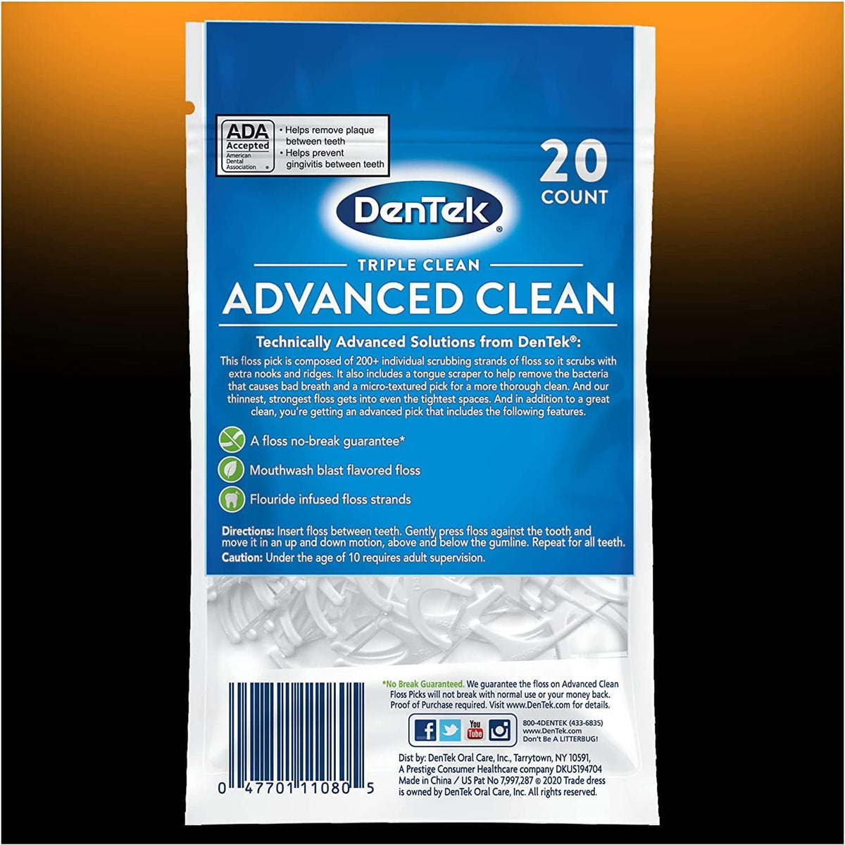 DenTek Triple Clean Advanced Clean Floss Picks, 20 Count, Pack of 8 - view 6