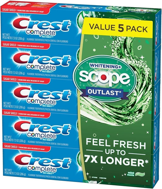 Crest Complete Whitening + Scope Mint Outlast Toothpaste, 7.3 oz, Pack of 5