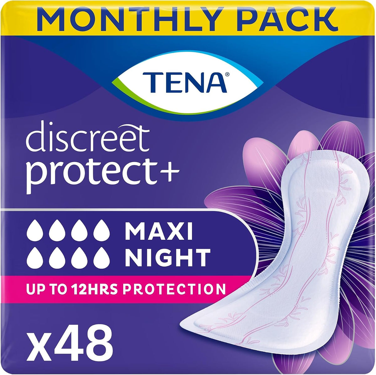 TENA Discreet Maxi Night Incontinence Pads 48 Count (Pack of 8 x 6) — product view