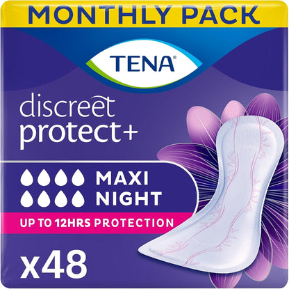 TENA Discreet Maxi Night Incontinence Pads 48 Count (Pack of 8 x 6)