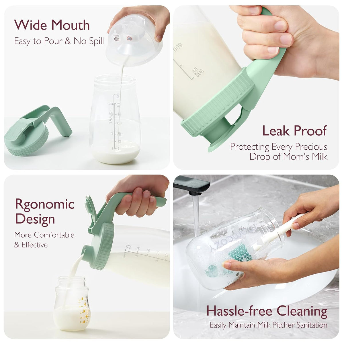 Momcozy Glass Breast Milk Pitcher, Wide Mouth, 32 oz (960 ml), Green - view 2