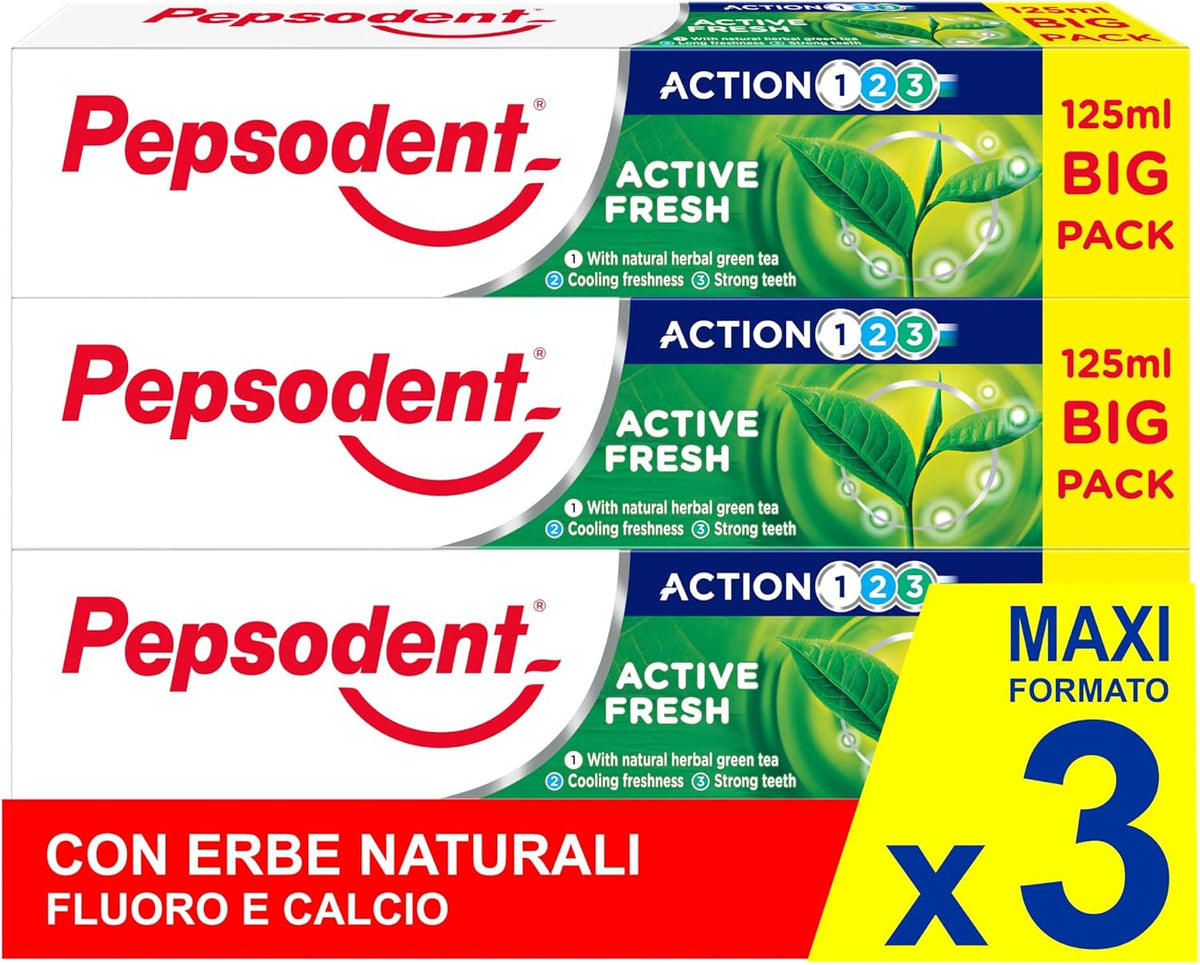 Pepsodent Active Fresh Toothpaste with Natural Herbs & Green Tea, 125 ml (4.2 fl oz), Pack of 3 — product view