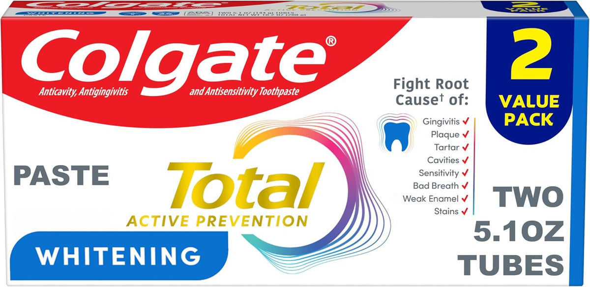 Colgate Total Whitening Fluoride Toothpaste, Mint, Pack of 2, 5.1 oz