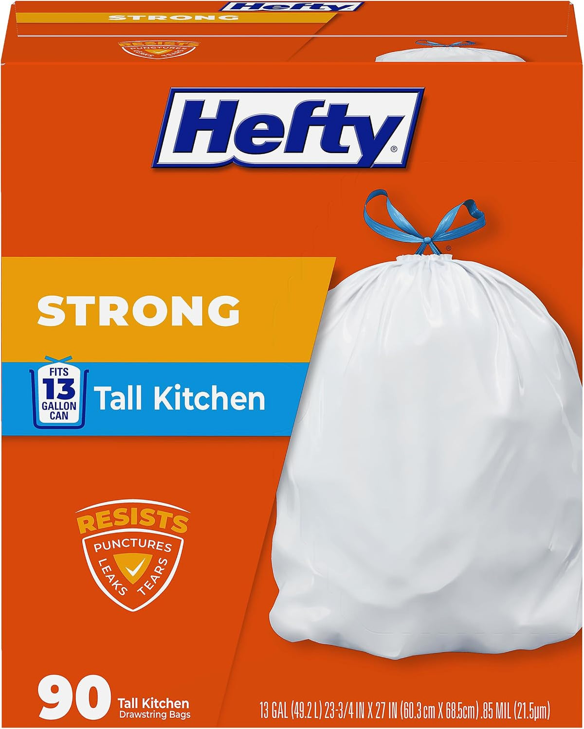 Hefty Strong 49 L (13 Gallon) Tall Kitchen Bin Bags, White, Unscented, 90 Count — product view