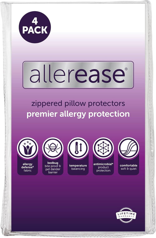 AllerEase Premier Zipper Pillow Protectors, Standard/Queen, 4 Pack