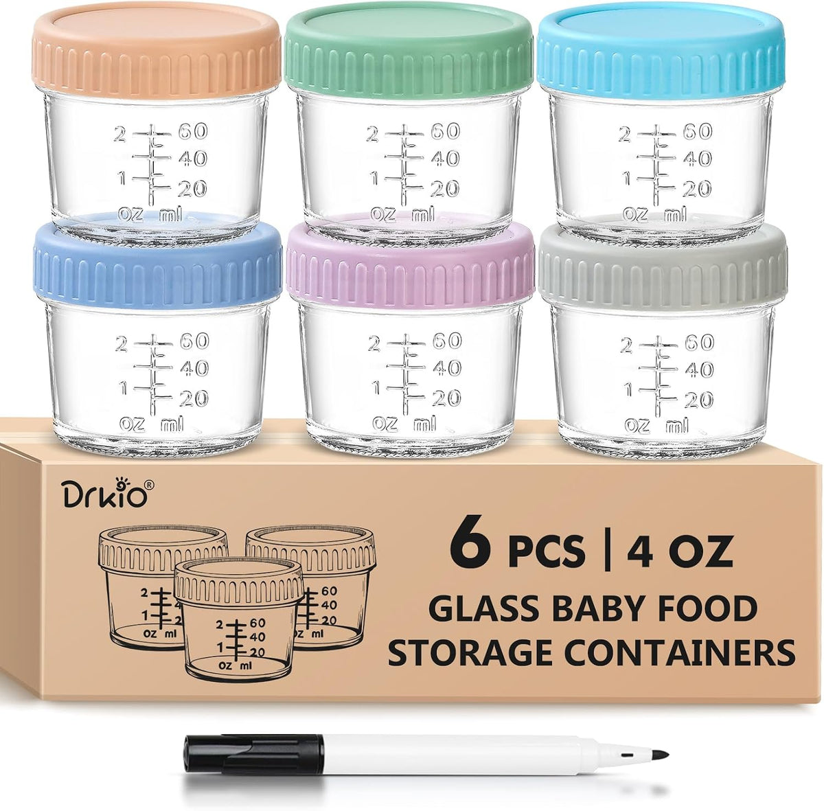 DRKIO Glass Baby Food Storage Jars with Lids, 4 oz, Set of 6 — product view