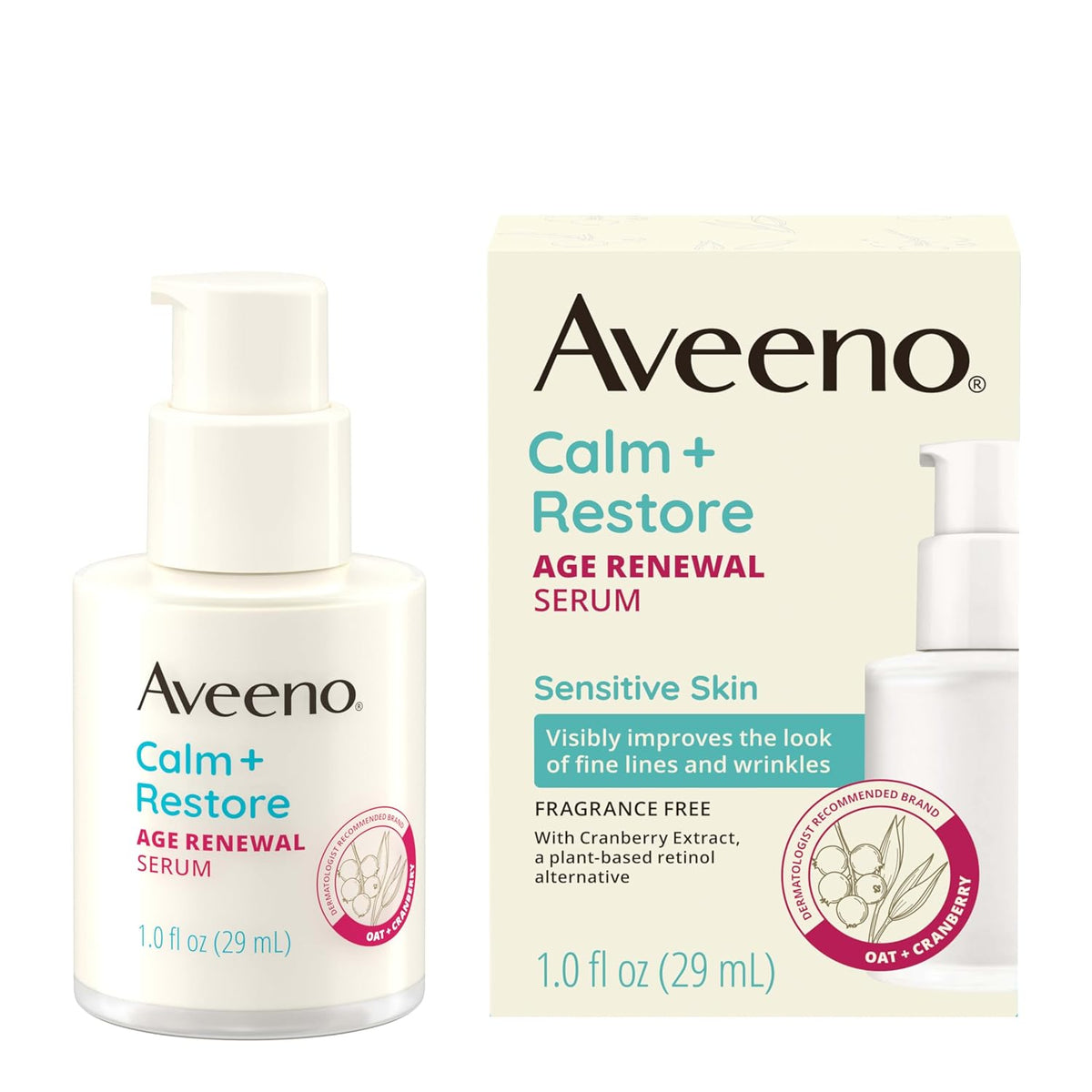 Aveeno Calm + Restore Age Renewal Face Serum, Fragrance-Free, 30 ml (1 fl oz) — product view
