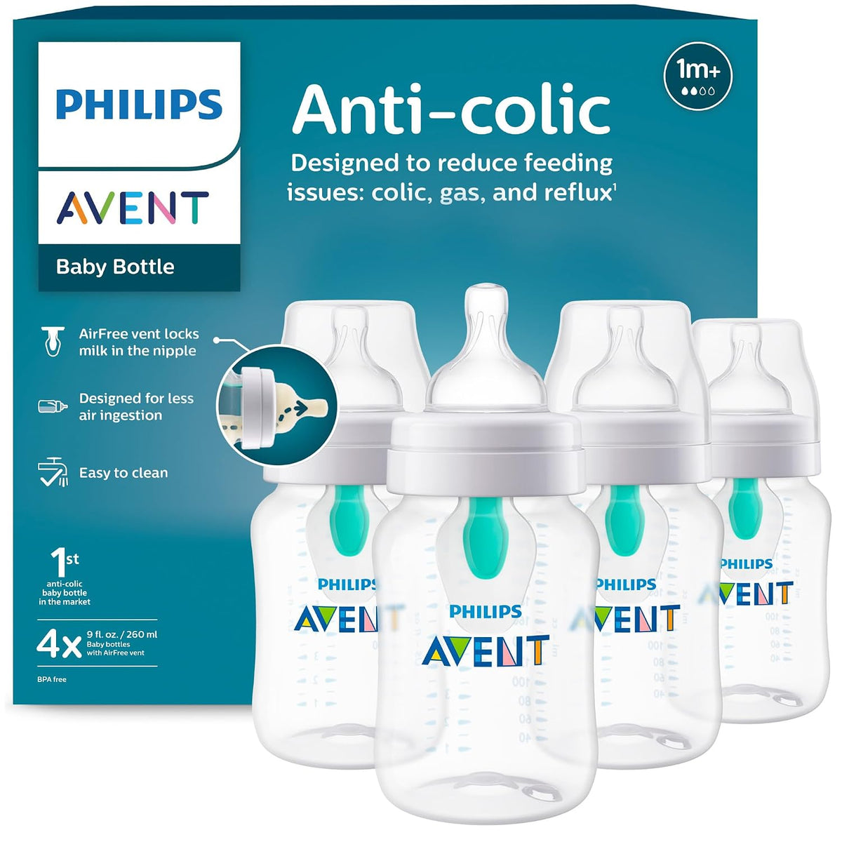 Philips Avent Anti-Colic Baby Bottles with AirFree Vent, 4 Pack, 9 oz — product view