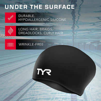 TYR Adult Silicone Long Hair Swim Cap, Black - view 3
