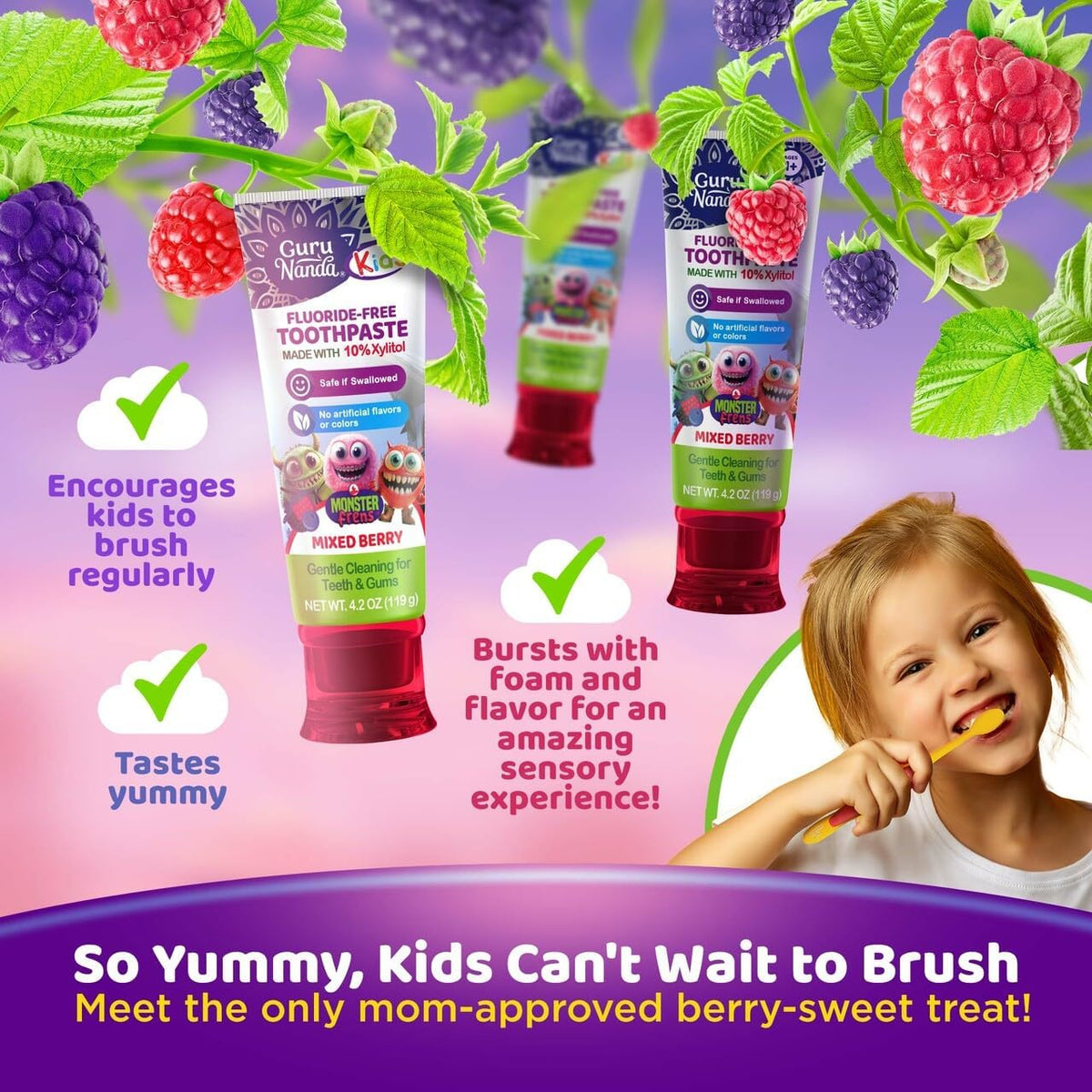 GuruNanda Kids Toothpaste for Toddlers with 10% Xylitol, Mixed Berry 4.2 oz - view 5