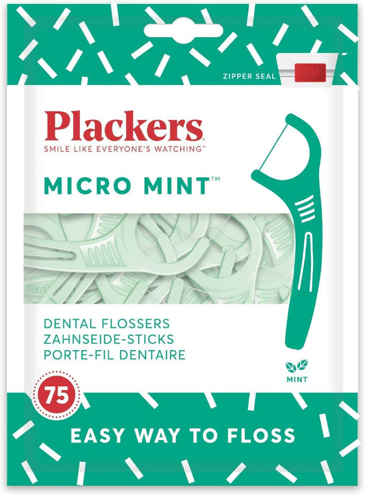 Plackers Micro Mint Dental Flossers, Green, 75 Count