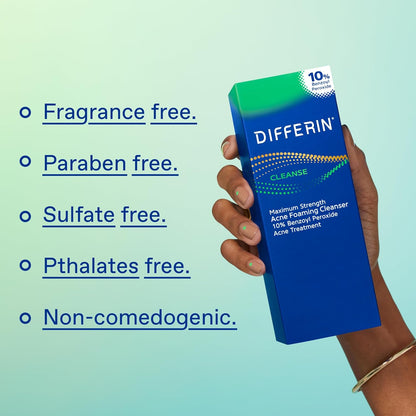 Differin Acne Foaming Wash 10% Benzoyl Peroxide, fragrance-free, paraben-free, sulfate-free, phthalates-free, non-comedogenic.