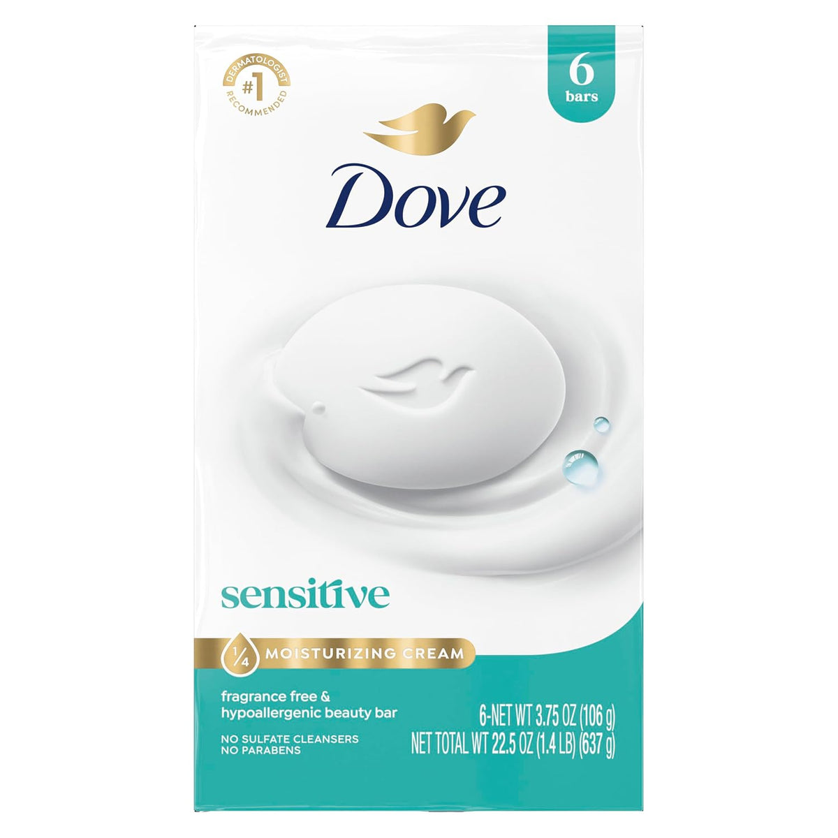 Dove Sensitive Beauty Bar Soap, Fragrance-Free, 3.75 oz, 6 Bars — product view