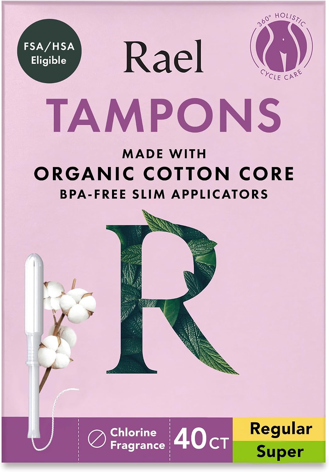 Rael Slim Applicator Tampons with Organic Cotton Core, 40 Count
