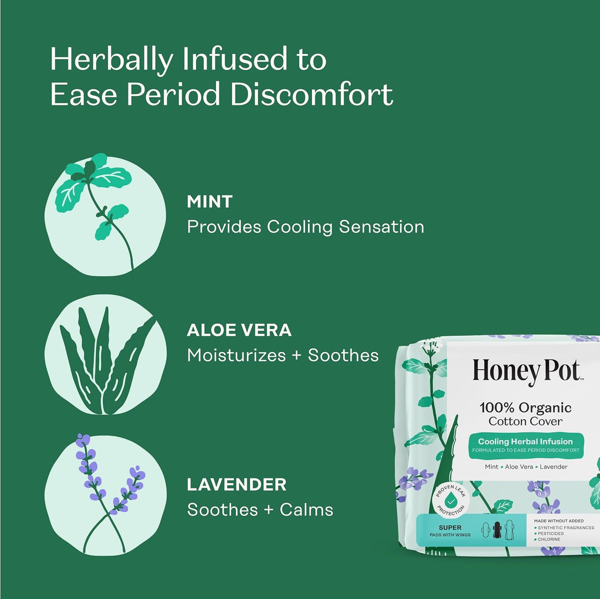 The Honey Pot Company Organic Super Herbal-Infused Pads with Wings 16 Count - view 3