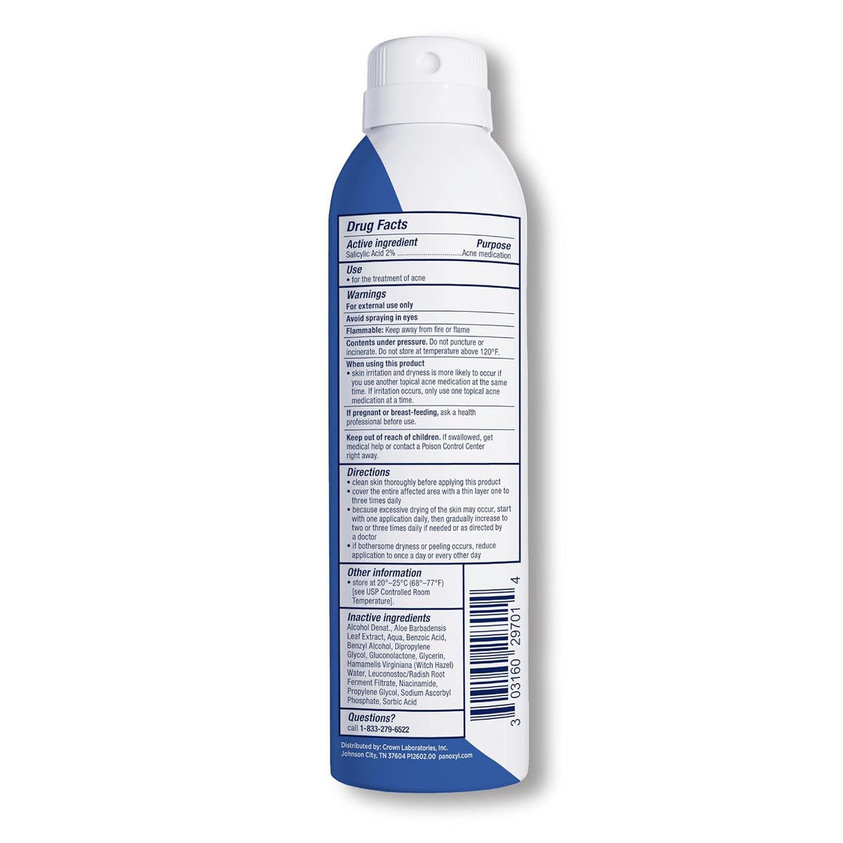 PanOxyl Acne Body Spray — rear packaging and label details