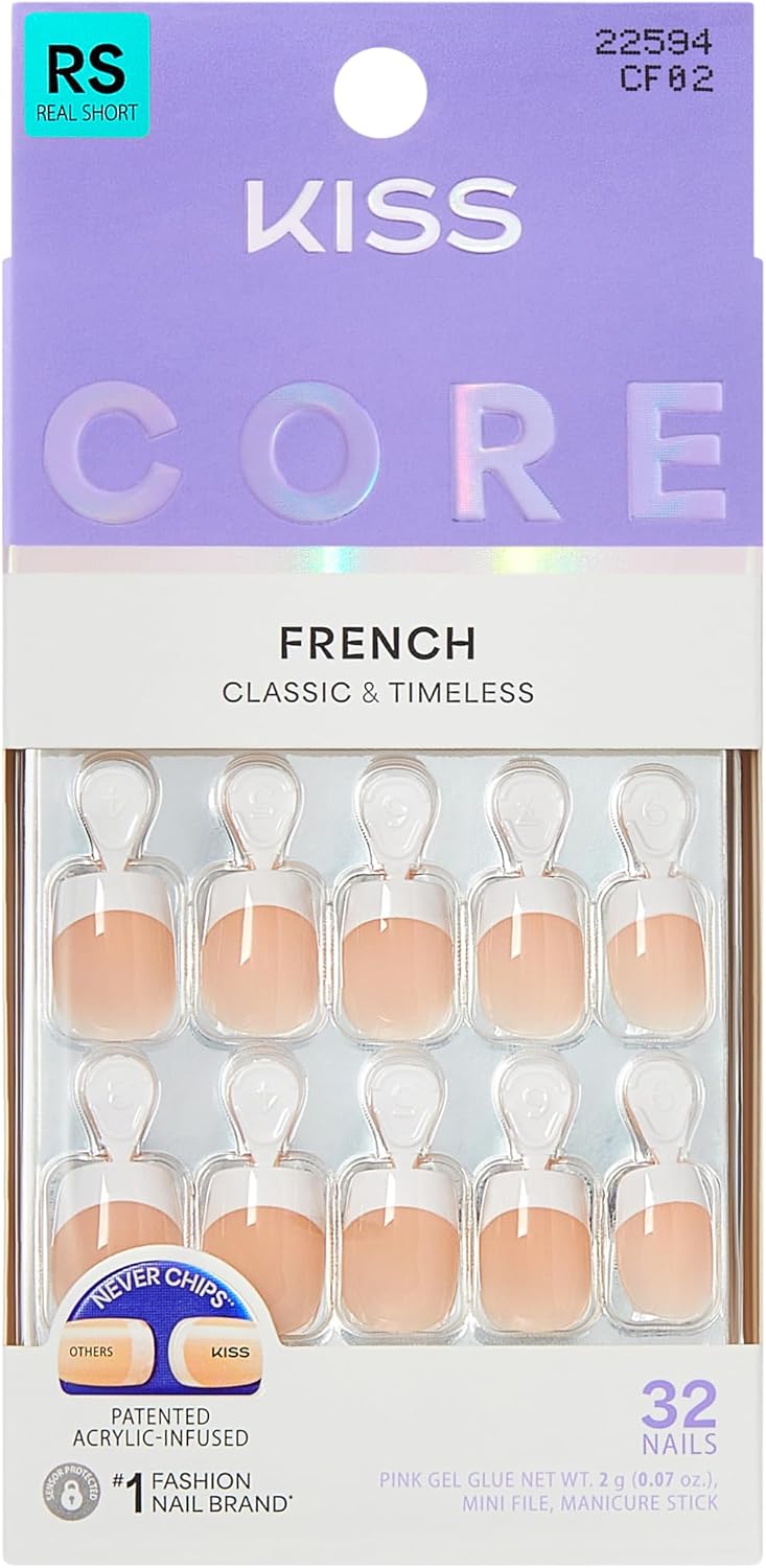 Kiss Core French Tip Press On Nails If You Dare, Short Squoval, 32 Count