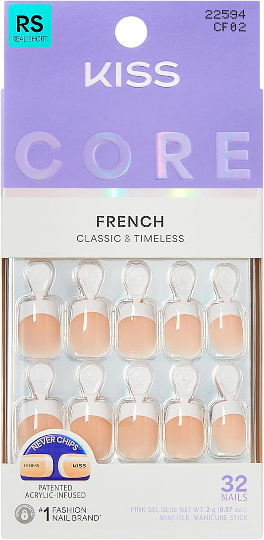 Kiss Core French Tip Press On Nails If You Dare, Short Squoval, 32 Count