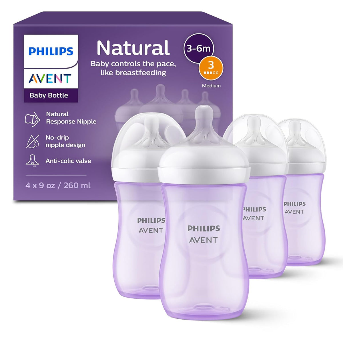 Philips Avent Natural Baby Bottles 9 oz (270 ml), Medium Flow, 4 Pack — product view