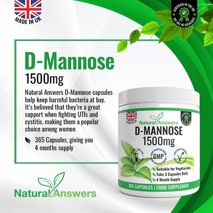 Natural Answers D-Mannose 1500 mg Vegetarian Capsules 365 Count - view 2