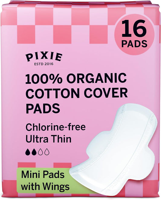 Pixie Organic Cotton Ultra Thin Mini Pads with Wings, 16 Count
