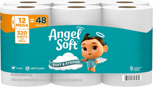 Angel Soft Toilet Paper, 12 Mega Rolls, 2-Ply (320 Sheets Each)