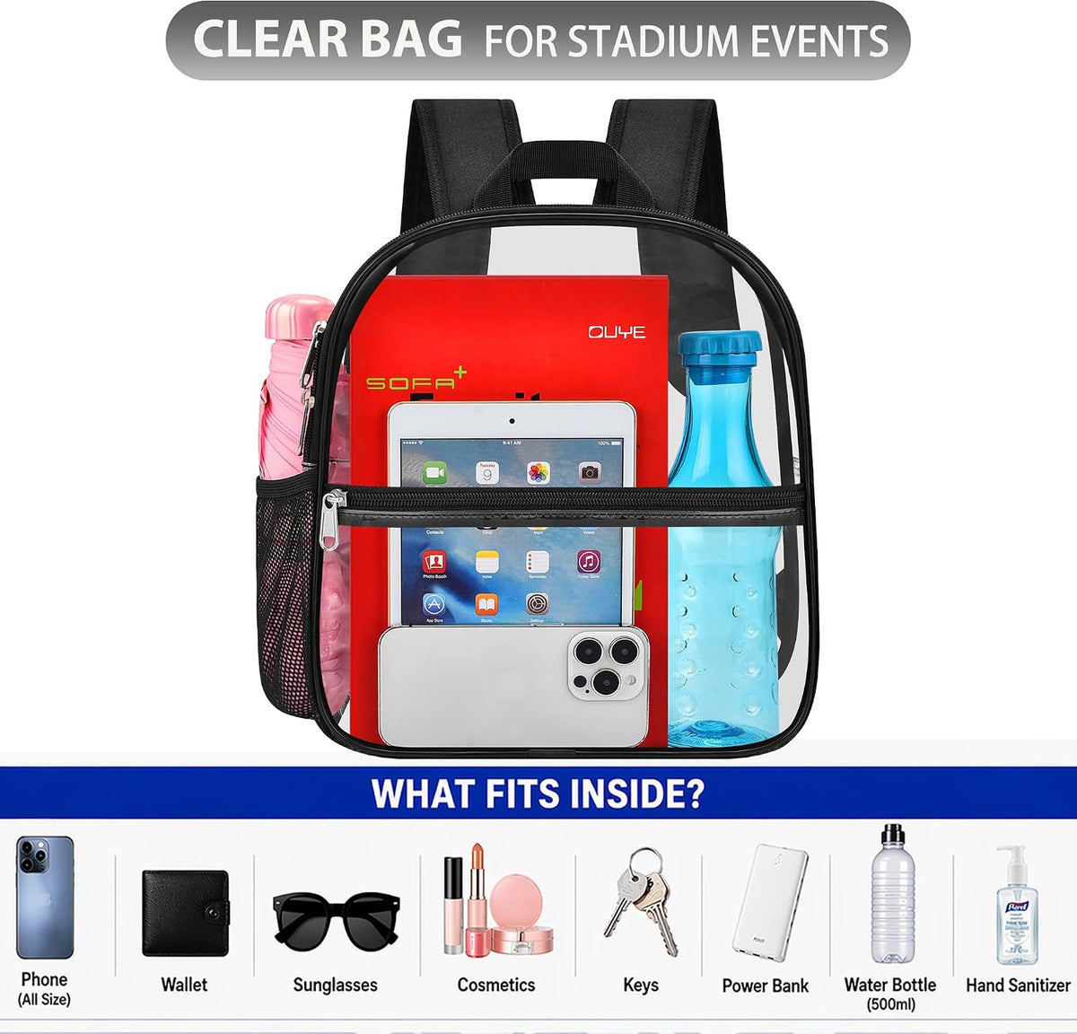 Oraben Clear Stadium Backpack, 12 x 6 x 11 Inch - view 5