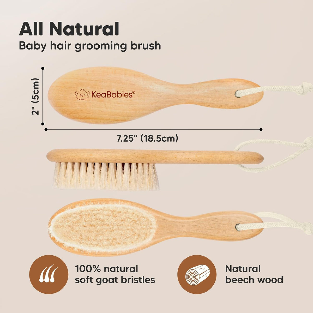 KeaBabies Wooden Baby Hair Brush with Goat Bristles, Walnut, Regular — alternate product view
