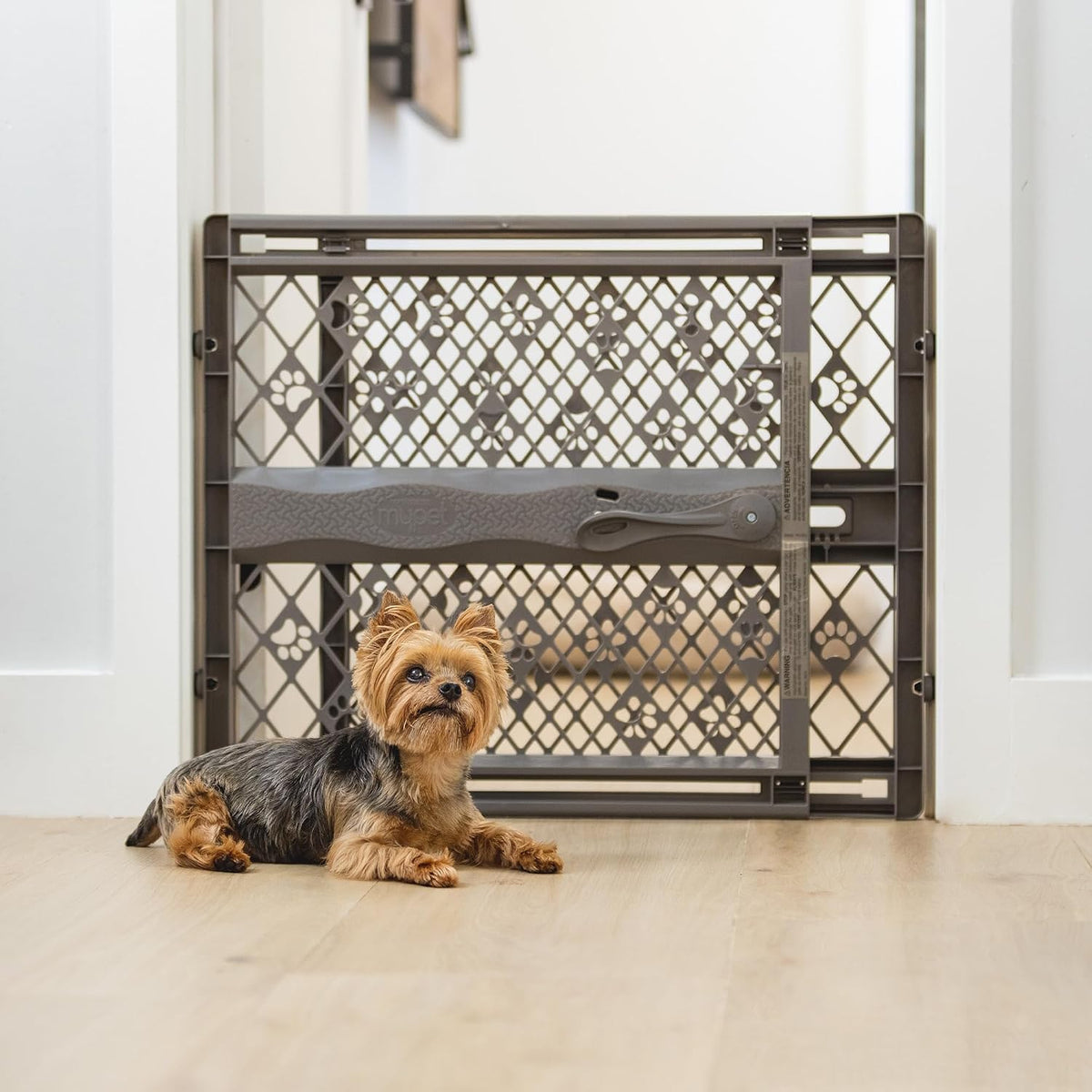 MYPET Paws Portable Pet Gate, 26-40 in Wide, 23 in Tall, Fieldstone Grey