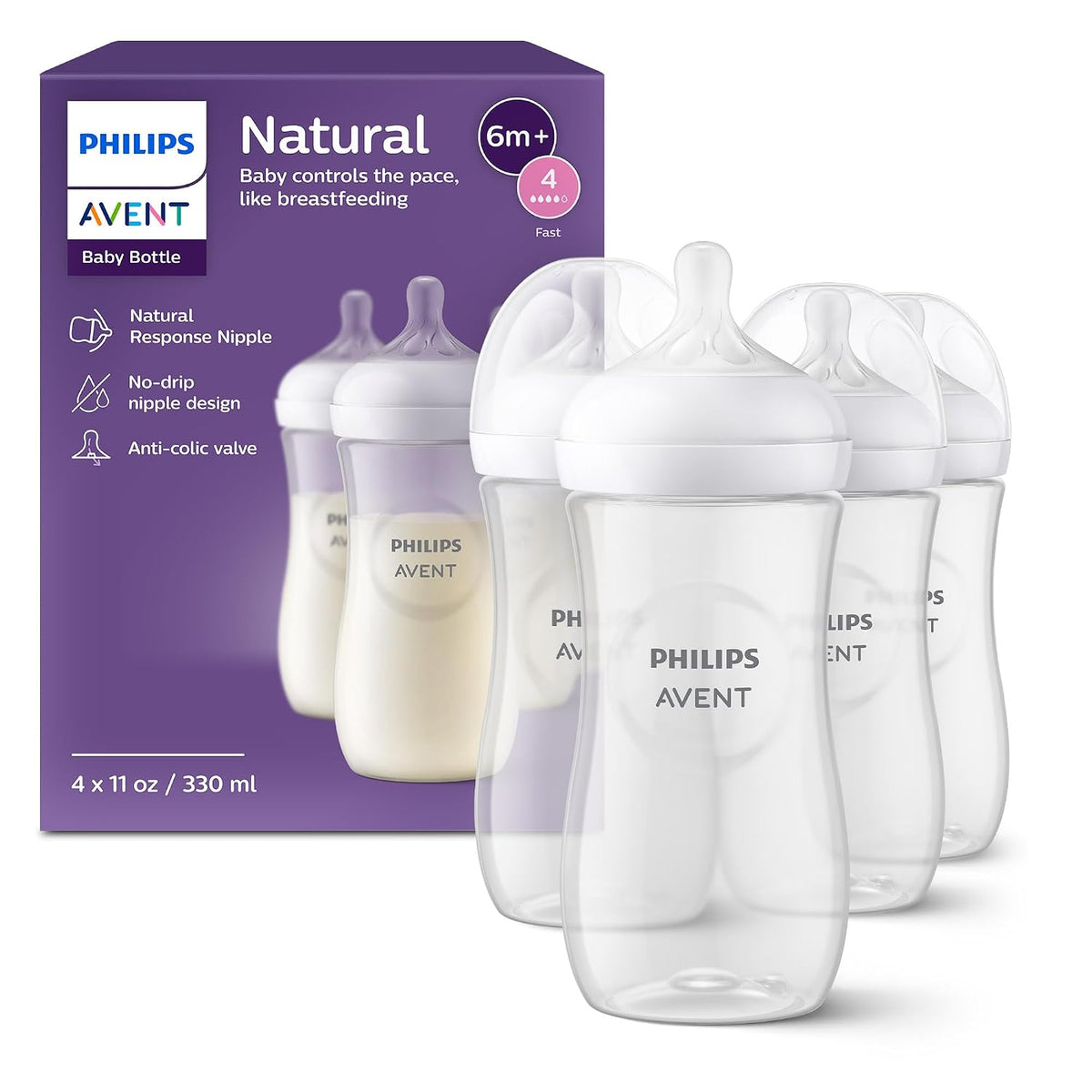 Philips Avent Natural Baby Bottles, Fast Flow, 11 oz (330 ml), Pack of 4 — product view