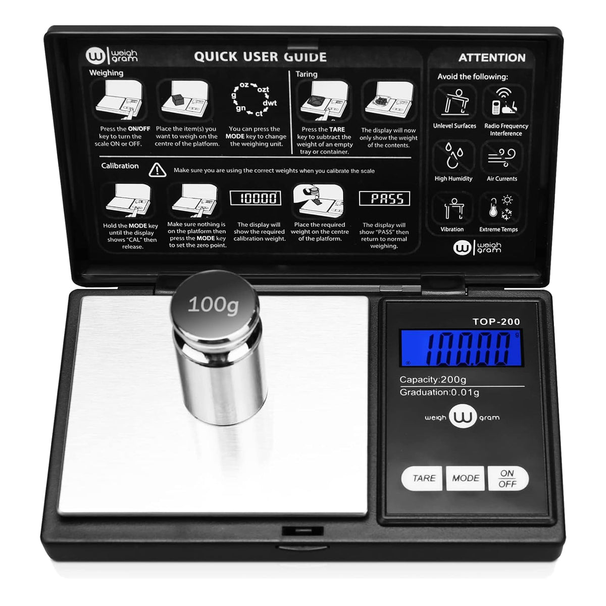Weigh Gram Digital Pocket Scale 200g x 0.01g with Calibration Weight