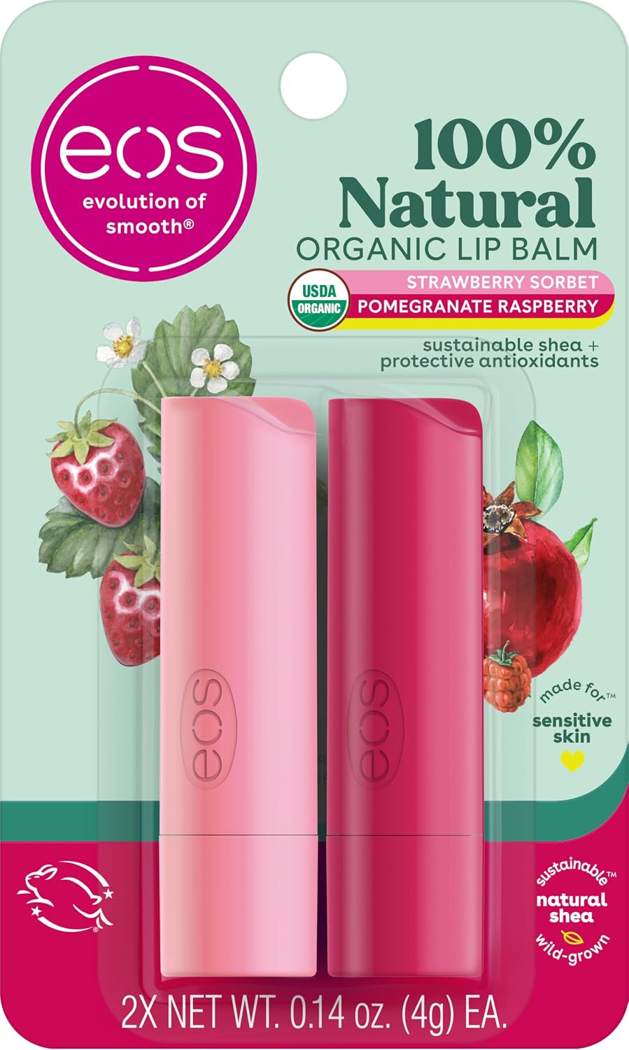 eos 100% Natural Lip Balm, Strawberry Sorbet and Pomegranate Raspberry, 2-Pack