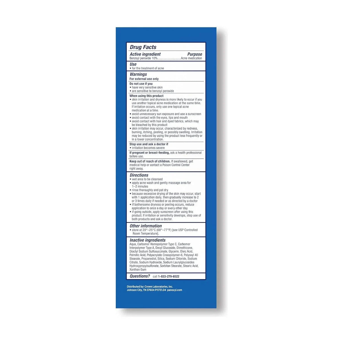PanOxyl Foaming Wash — rear packaging and label details