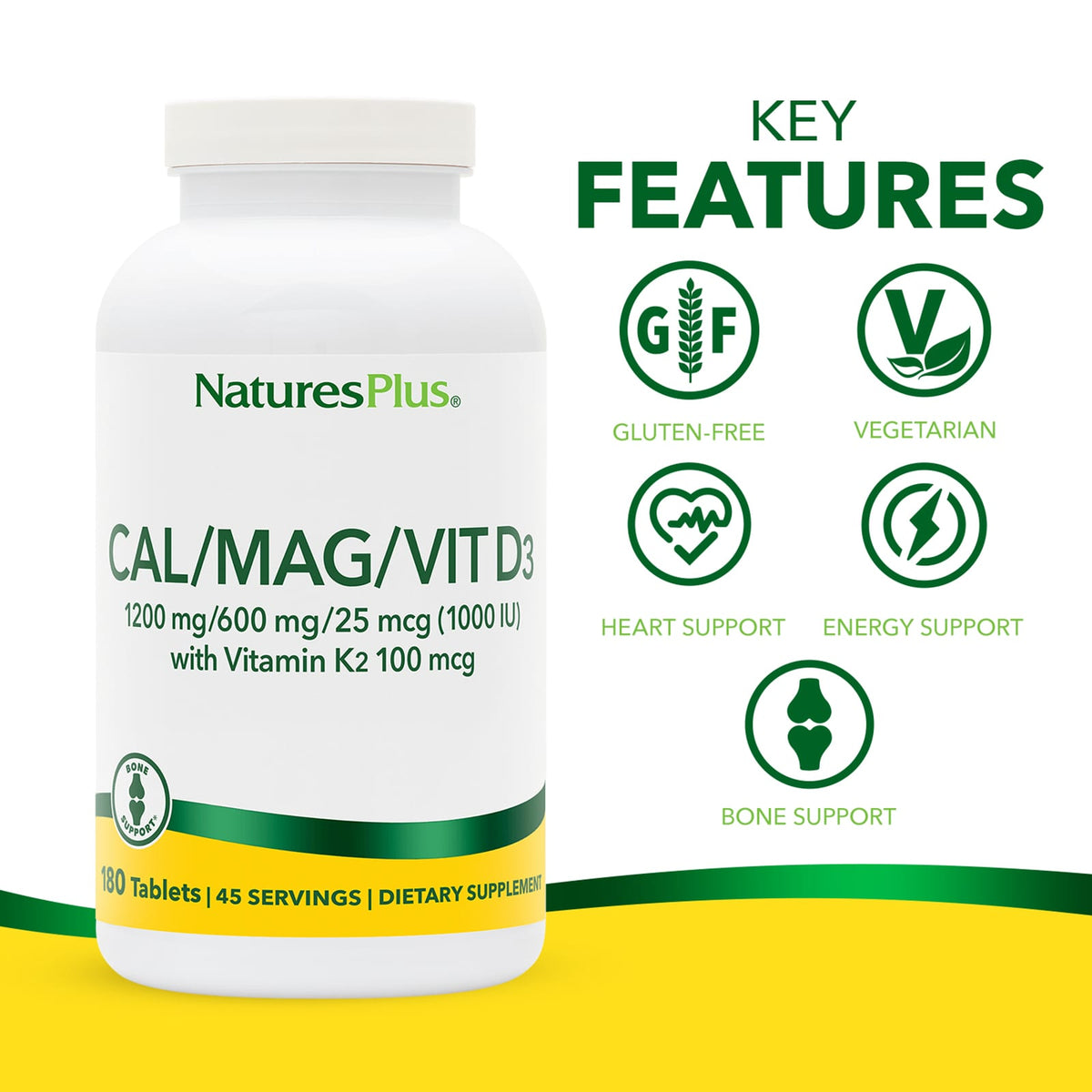 NaturesPlus Cal/Mag/Vit D3 with Vitamin K2, 180 Tablets - view 3
